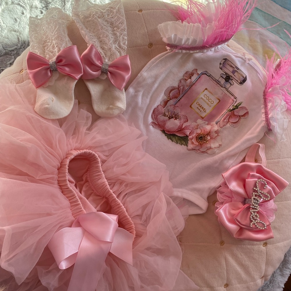 Baby girl’s beautiful unique outfit set. Designer inspired